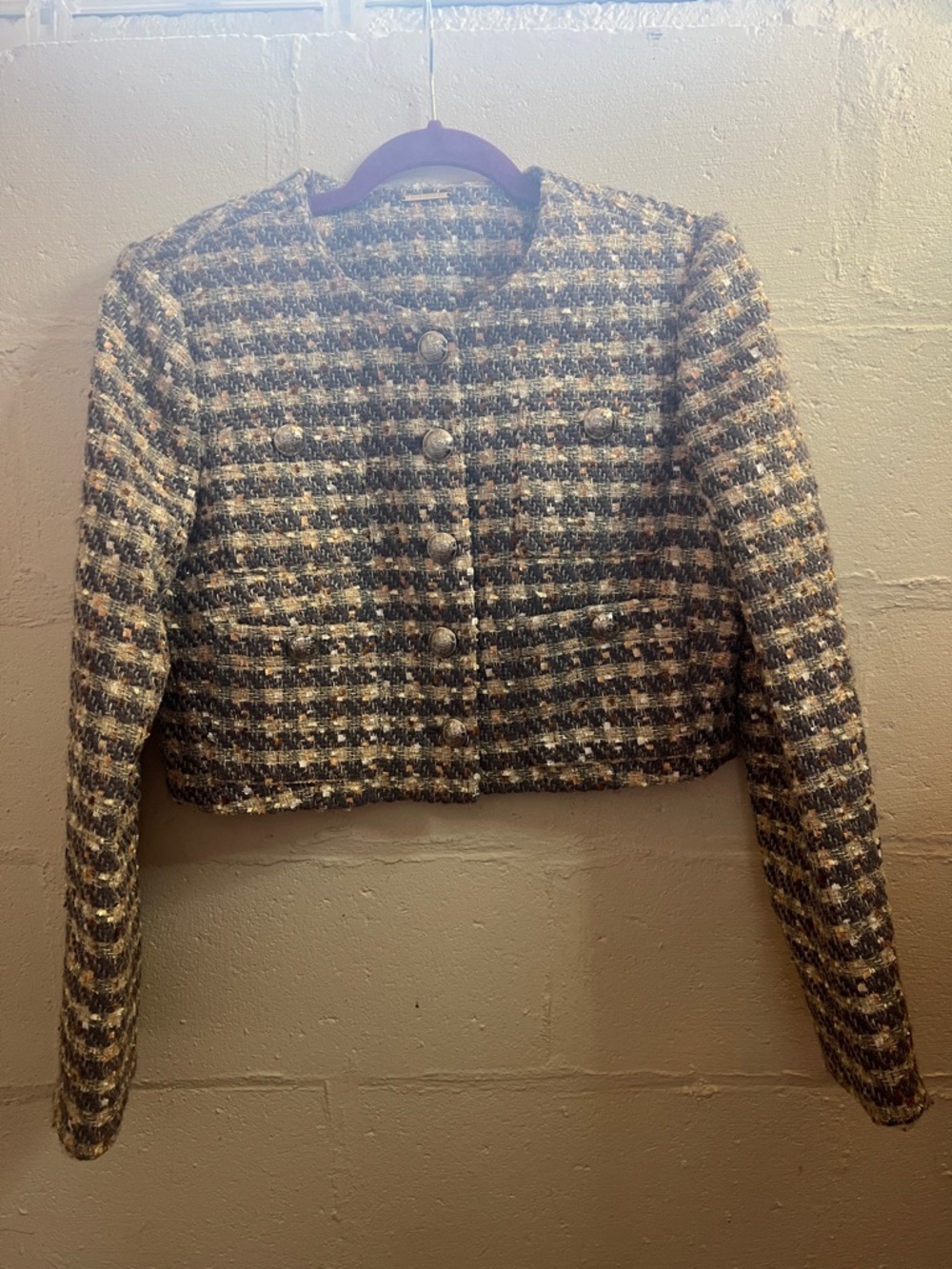 Elie Tahari Blue & Cream Tweed Cropped Blazer